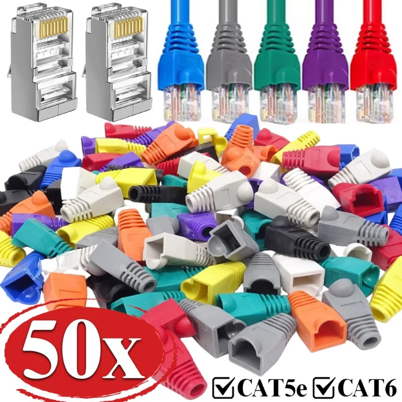 Фото 50-10 шт. Разноцветные защитные колпачки для разъемов RJ45 CAT5E/CAT6 Ethernet-кабелей, защитные втулки для кабельных коннекторов №1