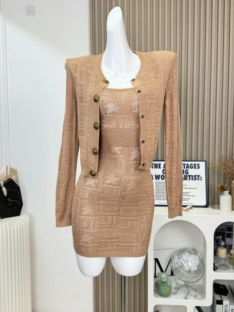 Осенний вязаный костюм с небольшим ароматом женский кардиган длинными рукавами +