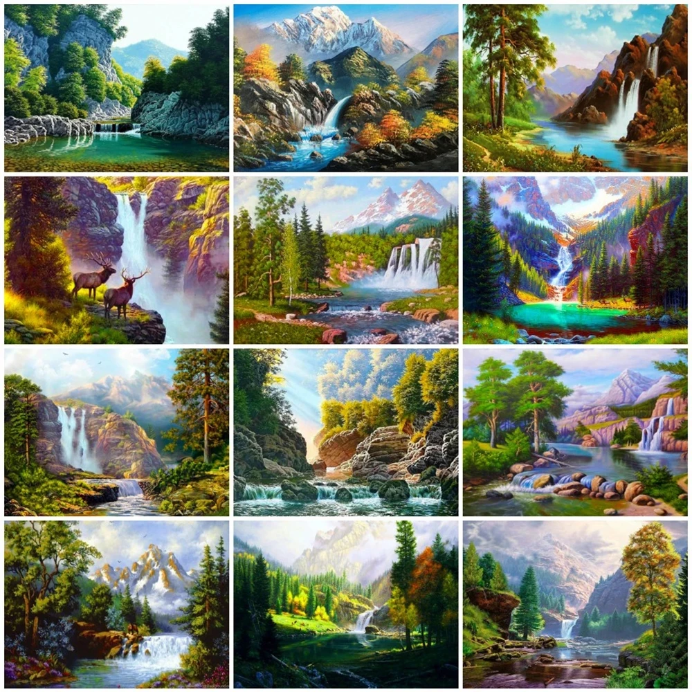

Diamond Painting Mountain Cross Stitch 5D DIY Diamond Embroidery Waterfall Landscape Mosaic Tree Rhinestone Crafts Kit