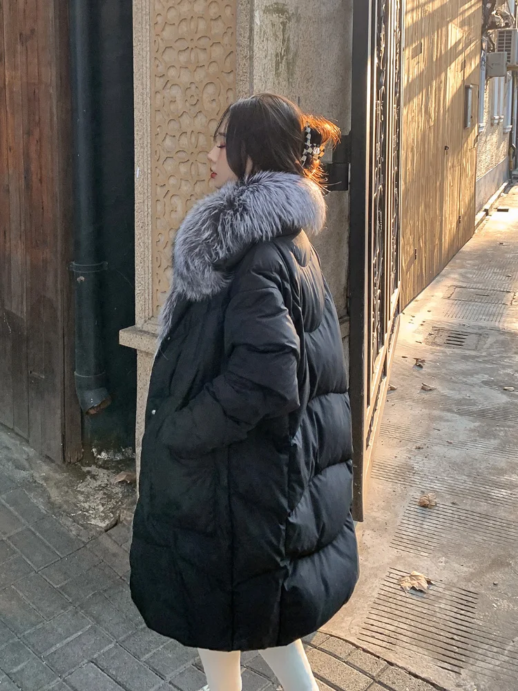 Long Winter White Down Jacket Women 2023 Solid Casual Women's Down Coat With Fur Collar Trim Thick Warm Overcoat Female