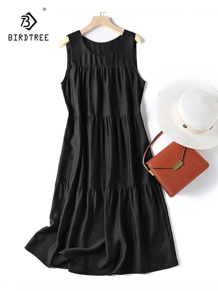 

Birdtree 19MM 100%Mulberry Silk French Vintage Dress Temperament O Neck Black Dresses Loose Slim Solid Tank Top Skirt D37920QC