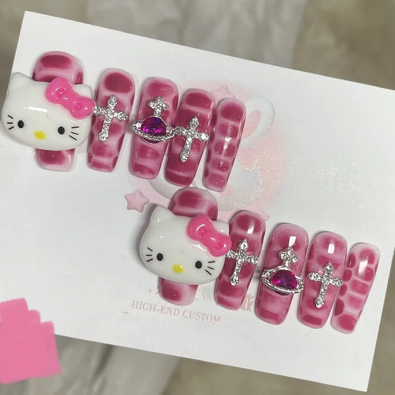 

DIY Kawaii Hello Kitty False Nails Y2K Mymelody Kuromi Cinnamoroll Detachable Long Coffin Stiletto Fake Nail Cute 3D Nail Tips