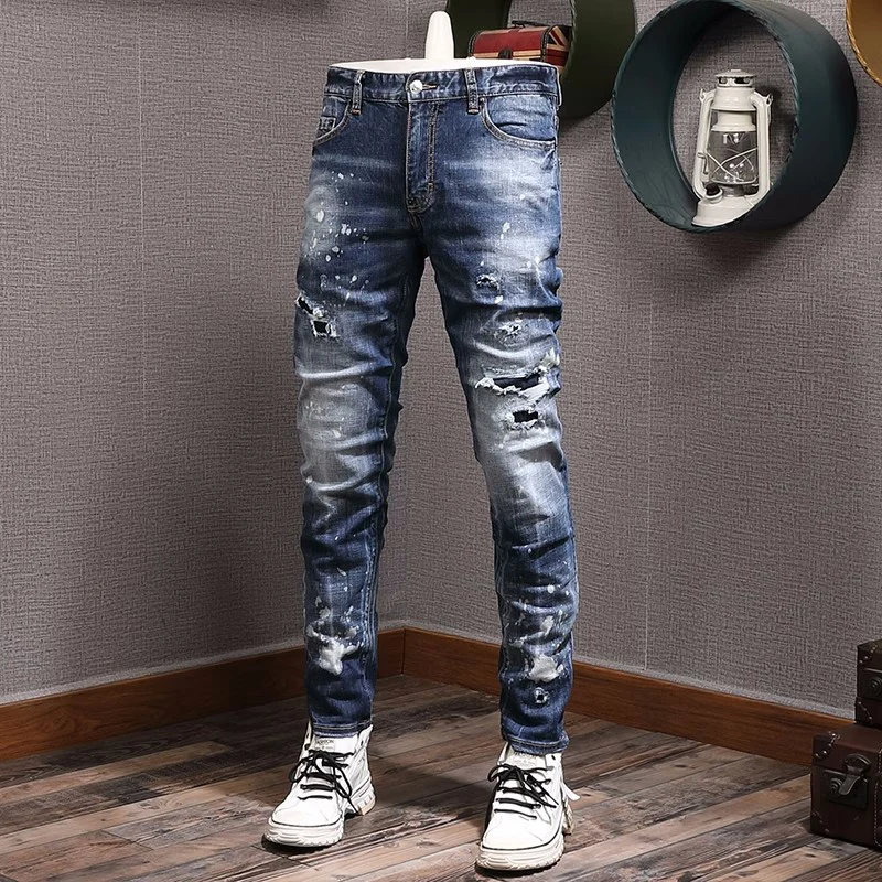 Fashion Streetwear Men Jeans Retro Blue High Quality Elastic Slim Fit Hole Ripped Jeans Men Painted Designer Hip Hop Brand Pants