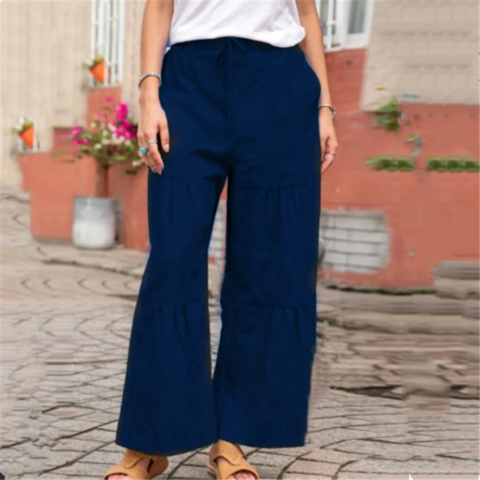 Fashion Plus Size Trousers Lady Loose Pants Vintage Solid Color Wide Leg Trousers For Women Pocket Pants Casual Elastic Waist