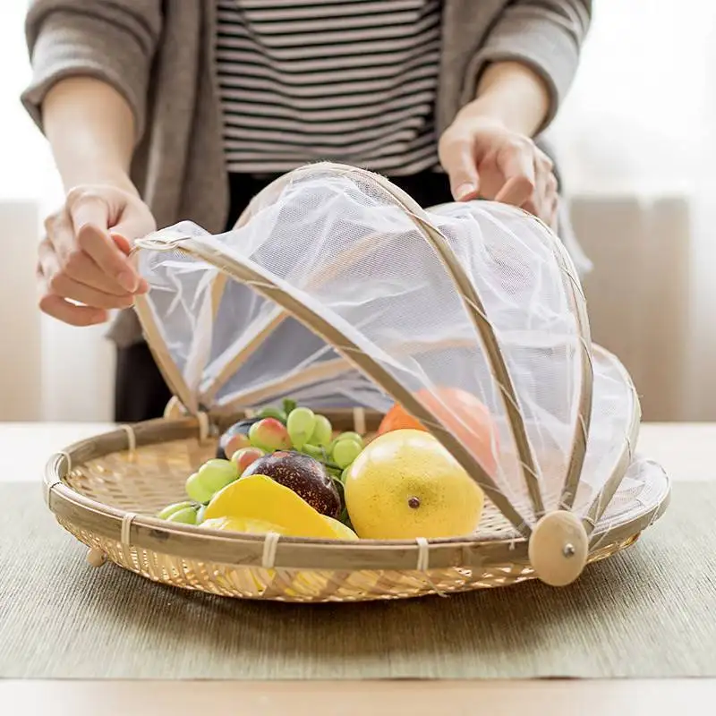 

Fruit Vegetable Dustproof Basket Tray Drying Dustpan Cover Handmade Bamboo Food Storage Organizer Picnic Basket