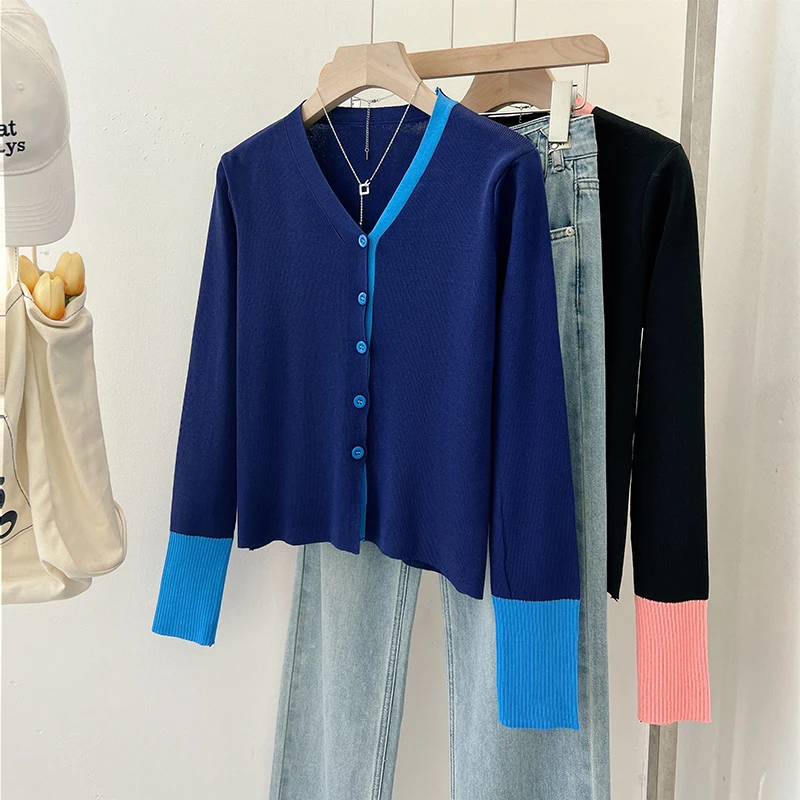 Элегантный осенний вязаный кардиган с v-образным вырезом лоскутный свитер