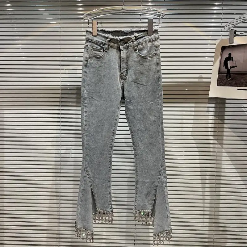 

2022 New Spring Women Long Trousers Flare Jean Sliming Rhinestone Diamond Tassel Chain Ladies Ankle-length Denim Pants