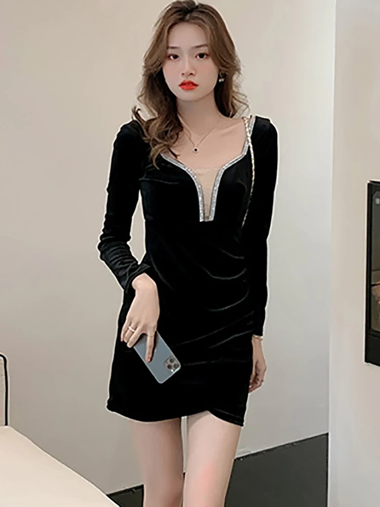 

Весеннее черное бархатное пикантное облегающее платье с длинным рукавом, женское роскошное элегантное облегающее мини-платье, корейское винтажное платье Хепберн 2023
