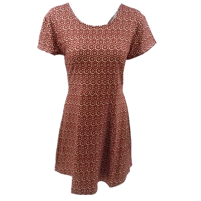 

Women Sexy Hollow Out Waist Dress Geometry Print Dresses Short Sleeve V-Neck Two Sides Wearing Retro Casual Summer Mini Dresses