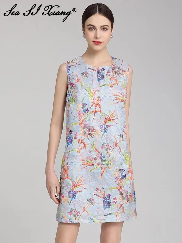 

Женское жаккардовое платье Seasixiang, короткое платье без рукавов с круглым вырезом и винтажным принтом, летнее дизайнерское платье с бисером