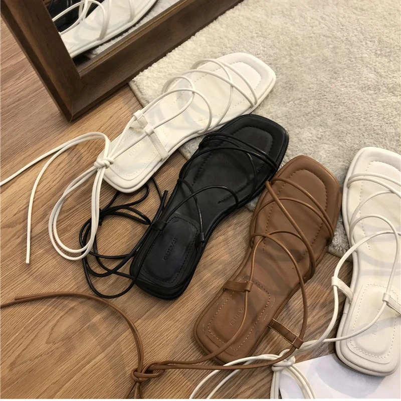 

Sandals For Women 2022 Summer Woman Flats Heel Women's Fashion Cross Strap Sandalias Square Toe Female Shoes
