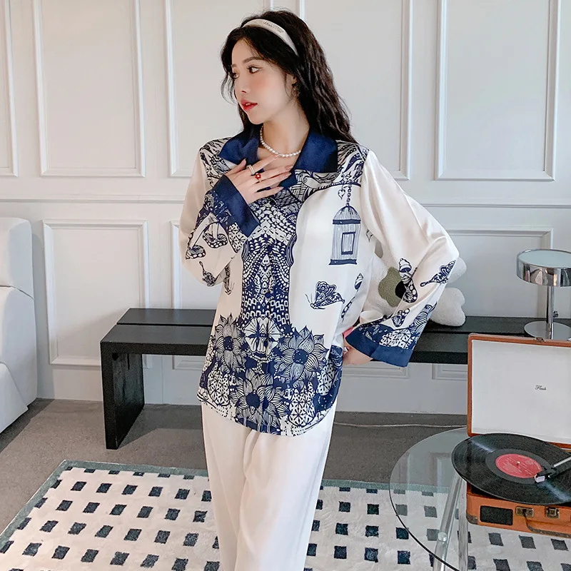 Imitation silk pajamas women's new long-sleeved trend printing suit женское бельё  pigiami donna