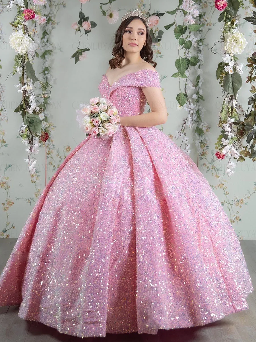 

Sparkle Pink Quinceanera Dresses 2023 Ball Gown Puffy Glitter Sequin Sweet 16 Dresses Off The Shoulder V-Neck Sexy Prom Dress