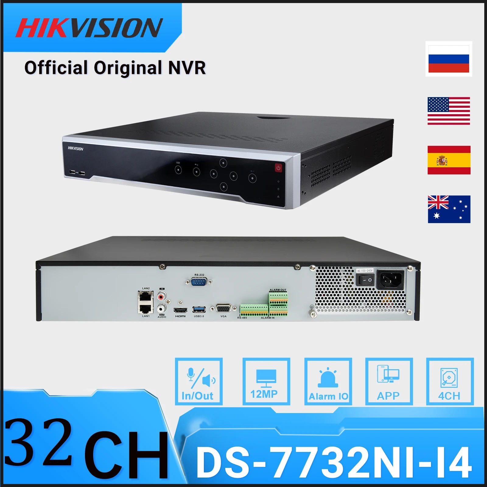 

Hikvision 4K 12MP NVR DS-7732NI-I4 4HDD Slot Up to 6TB Alarm Two-Way Talk CCTV Video Recorder for IP Camera Security System P2P