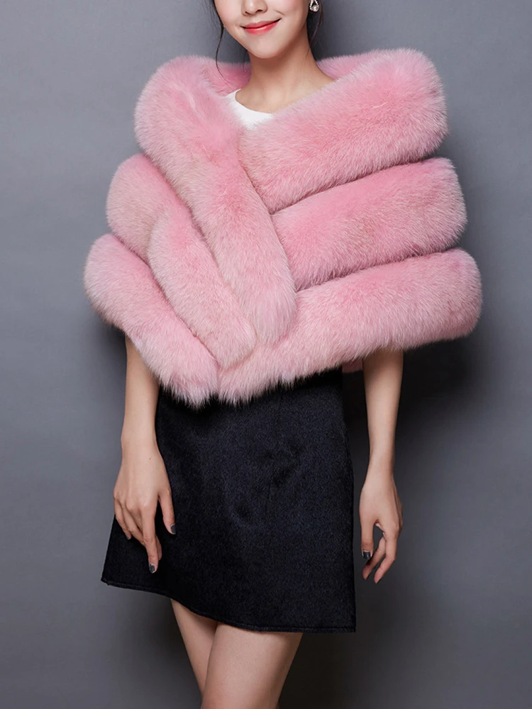 Winter Women Faux Fur Long Shawl Pocket Wrap Shrug Scarf Bridal Wedding Elegant Short Fox Fur Warm Female Waistcoat Cloak Coat