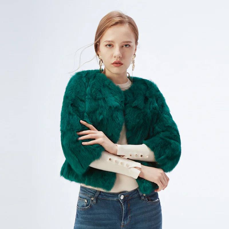 Full Fur Coat Women Design Rabbit Fur Coat Natural Full Fur Coat O Neck Fashion Slim Thin Rabbit Fur Coat