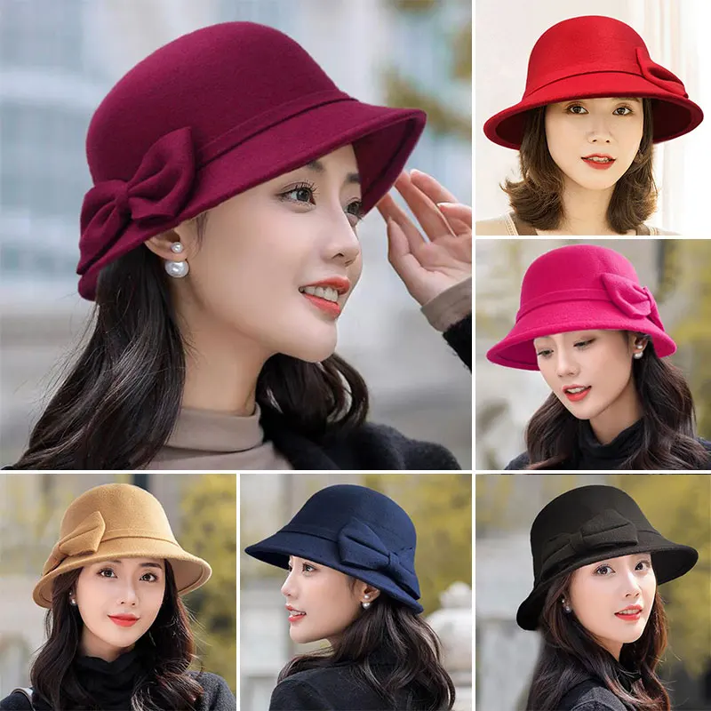 

1PCS Autumn Winter Fedoras Women Hat Elegant Vintage Bowknot Wool Ladies Hat Dome Felt Wedding Church Jazz Cap Female Bow Bowler