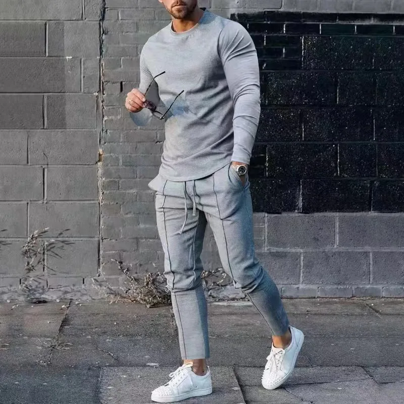 

Spring Autumn Two-Piece Men Sport Suit Long Sleeve T-Shirt Sweatpants Fashion Solid Hip Hop Streetwear Men Sportswear Casual Set
