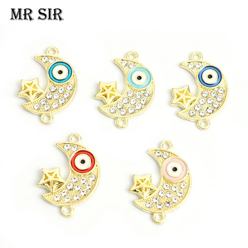 

10pcs Moon Star Evil Eye Enamel Charms Connectors Inlaid Rhinestone Crystal Pendants Lucky Jewelry Findings Bracelet Accessories