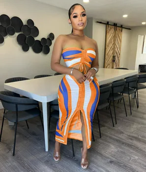 Casual Women 2 Piece Skirt Set Print Colorful Tracksuit Streetwear Shirt + Long Dresses Mathing Set Women Outfit Vestidos 1