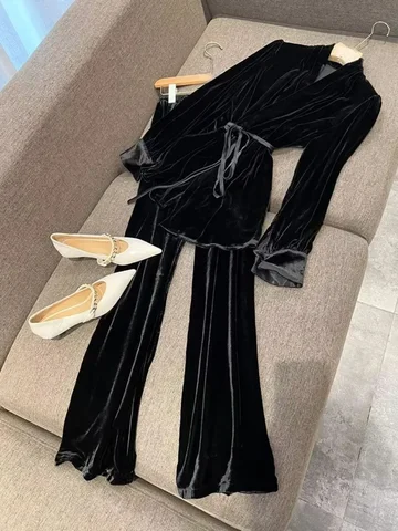 Neploe Элегантные топы с v-образным вырезом на шнуровке в гонконгском стиле Бархатные офисные брюки с небольшим ароматом Широкие брюки Изысканные костюмы Брюки