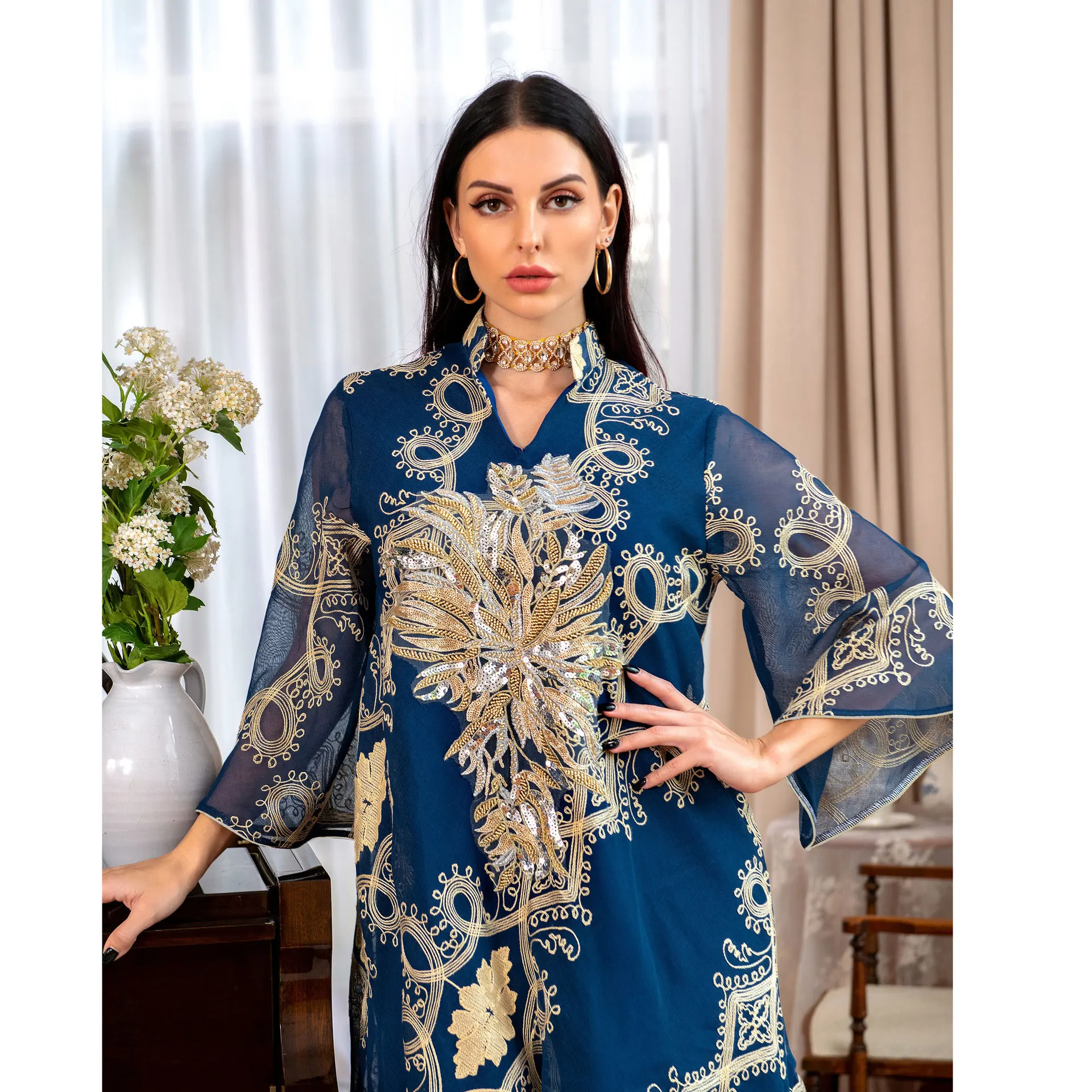 Abaya Muslim Ethnic Style Women's Beaded Appliqué Evening Dress Muslim Maxi Dresses for Women Long Dress