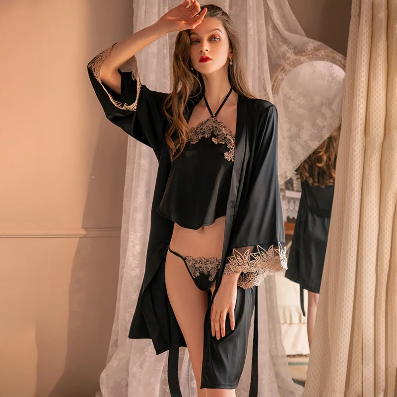 

Women's Trim Robe Gown Suit Sexy Mini Suspender Nightgown Faux Silk Intimate Sleepwear Casual Home Dress Pyjamas Spaghetti Strap