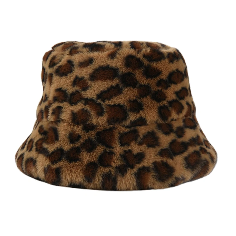 Women Men Vintage Leopard  Animal Print Bucket Hat Winter Thicken Fuzzy Plush Warm Harajuku Packable Fisherman Cap