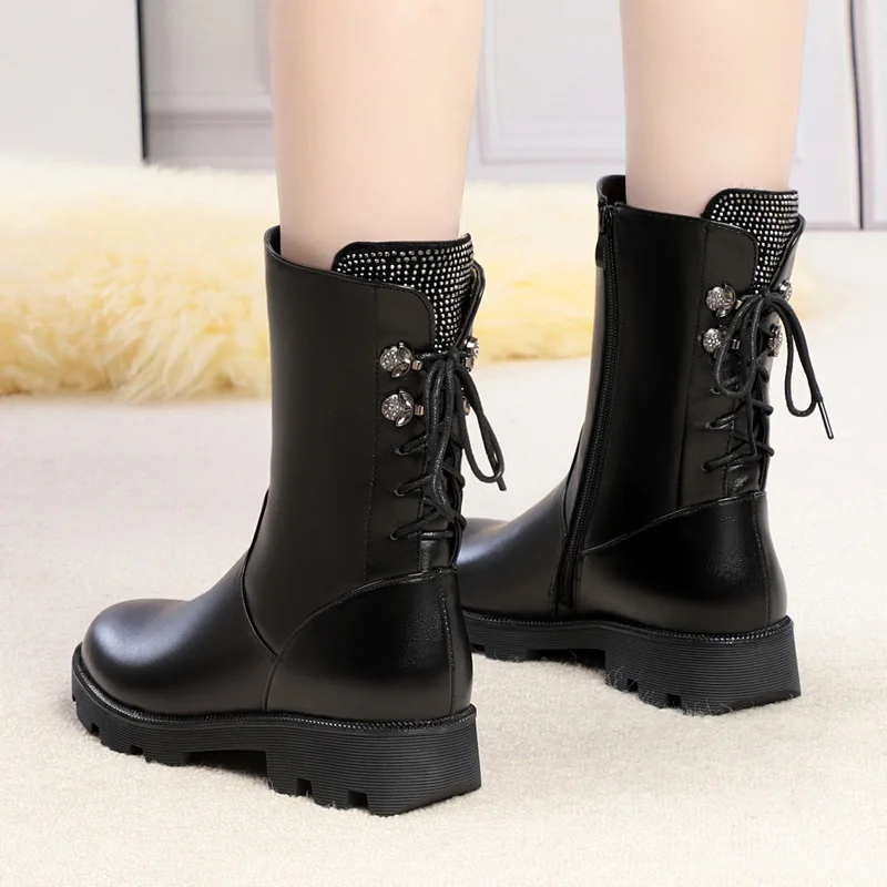 Winter Boots Women Genuine Leather Thick Bottom Wool Ladies Roman Boots Shiny Large Size  Fashion Zip Design Women Snow Boots