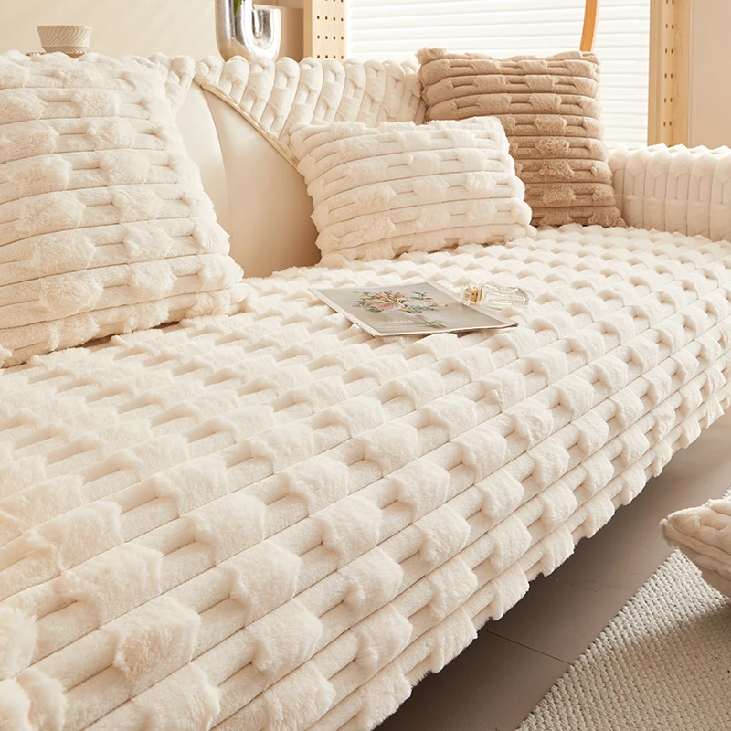 

Зимний плотный чехол для дивана из кроличьего меха, однотонное полотенце для дивана, Нескользящие теплые Чехлы, плюшевые подушки, декоративная наволочка для гостиной