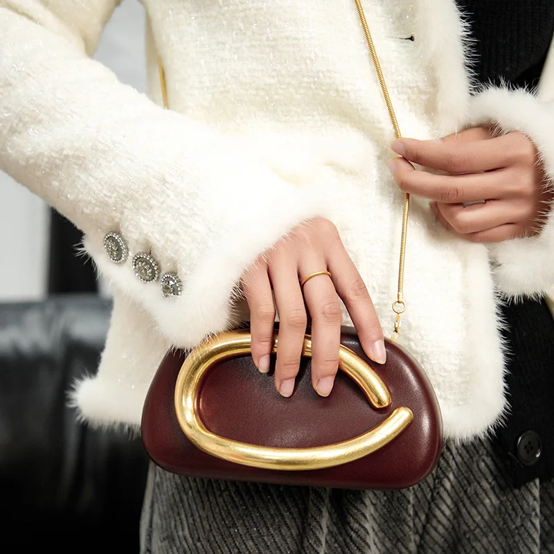 Модная сумка-коробка из латуни с металлическими деталями горизонтальная сумка