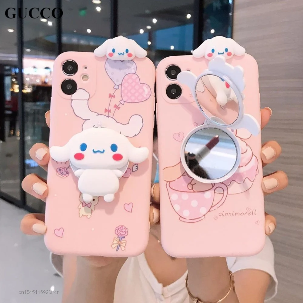 Sanrio Cinnamoroll kawaii 3D Makeup Mini Mirror coque iphone case for iPhone 13 12 11 pro max xs x xr se 7 8 Plus 6s soft cover