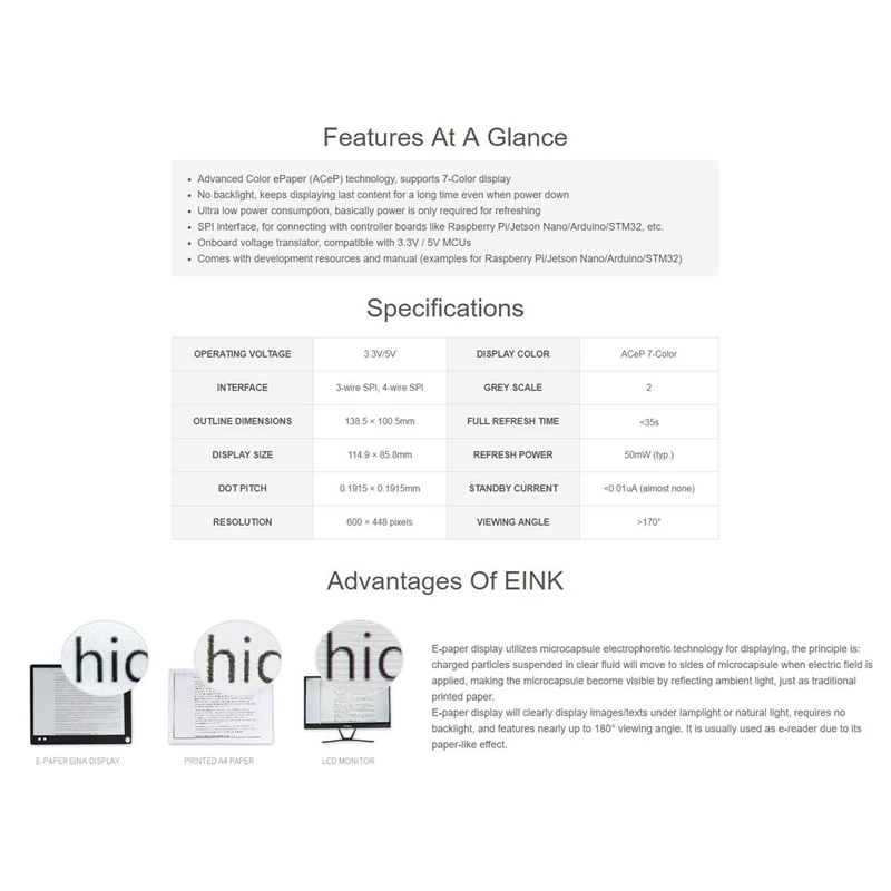 Najtaniej Waveshare 5.65 Cal Kolorowe E-papier E-wyświetlacz Atramentowy Moduł, 600X448 Pikseli, Acep 7-kolor, Niskie Zużycie Energii, Z Szerokim Kątem Widzenia Kąt
