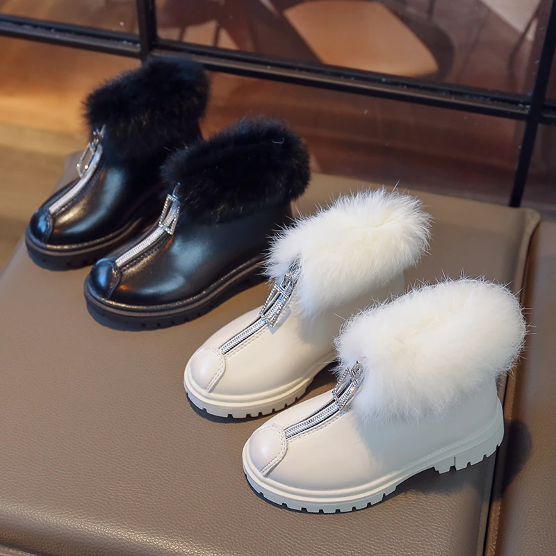 

Girl's Winter Boots Warm Fluffy Front Zipper Pu Leather Children Short Boot 26-36 Stylish Black White Flexiable Chic Kids Shoes