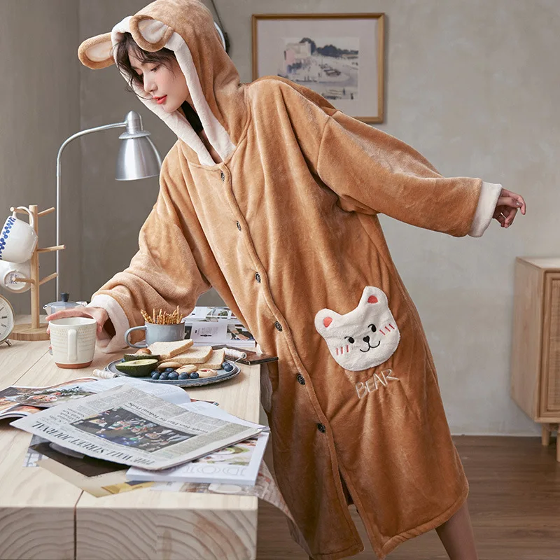 Winter Soft Warm Robes Nightgown Sleepwear Women 2021 Lounge Home Wear Long Sleeve Hooded Flannel Night Dress Coral Velvet Robes
