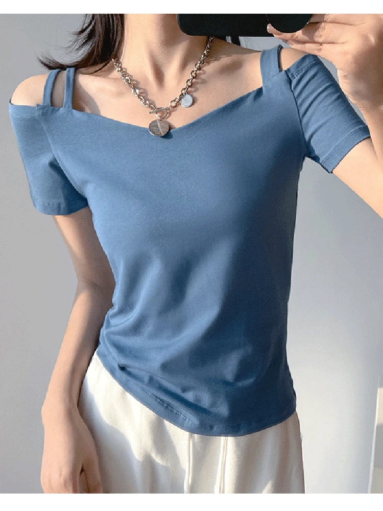 

Sexy Off Shoulder Cotton T Shirt Women Solid Crop Top Short Sleeve Tees Korean Woman Clothes 2022 Summer Basic Tee Shirt Femme