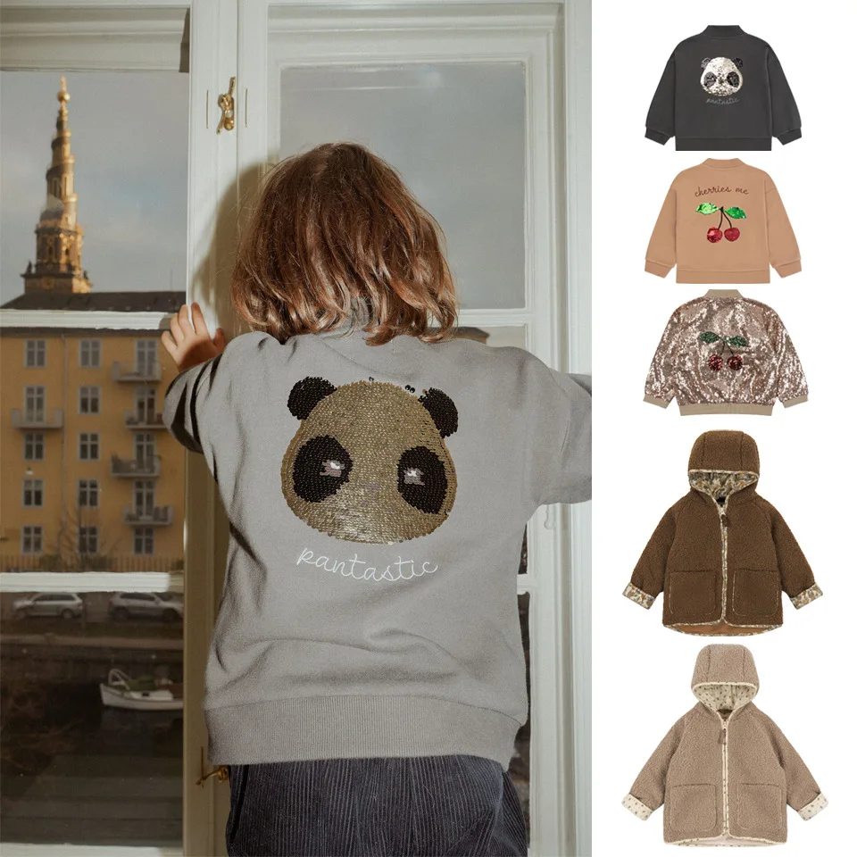 

Konges Slojd Winter Baby Girls Sequin Cartoon Panda Jacket Kids Clothes Fleece Cherry Hooded Outerwear for Boys Children's Coats