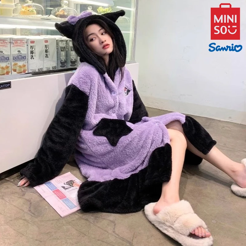 MINSO Senrio Kuromi халат Kawaii зимний теплый коралловый бархатный пижамный мультфильм