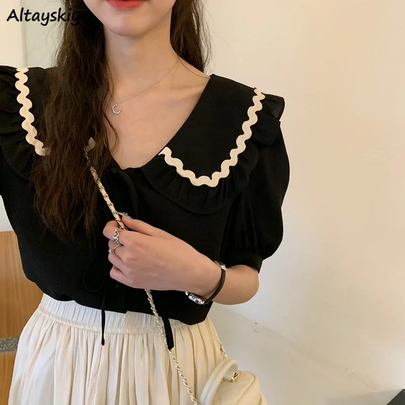 

Panelled Puff Sleeve Shirts Women Korean Style Simple Fashion Summer Girlish Preppy Minority Chic Casual Young Peter Pan Collar