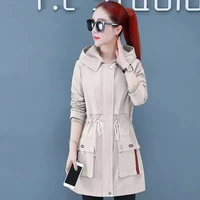 new square pocket tethered waist slim hooded jackets spring autumn 2022 casual womens trench coats ladies outwear fashion trend