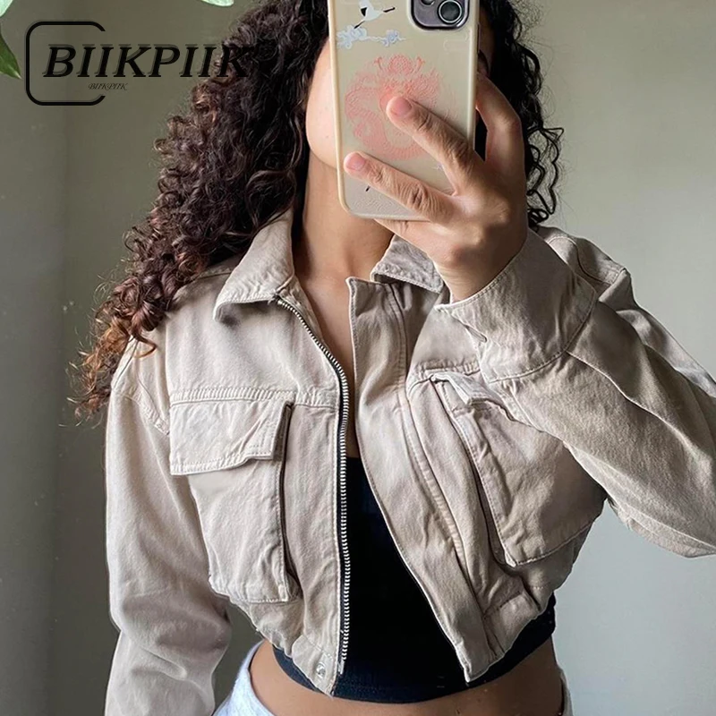 

BIIKPIIK карго куртки на молнии с карманами ВИНТАЖНЫЕ пальто с длинным рукавом с отложным воротником для женщин однотонные универсальные повсе...