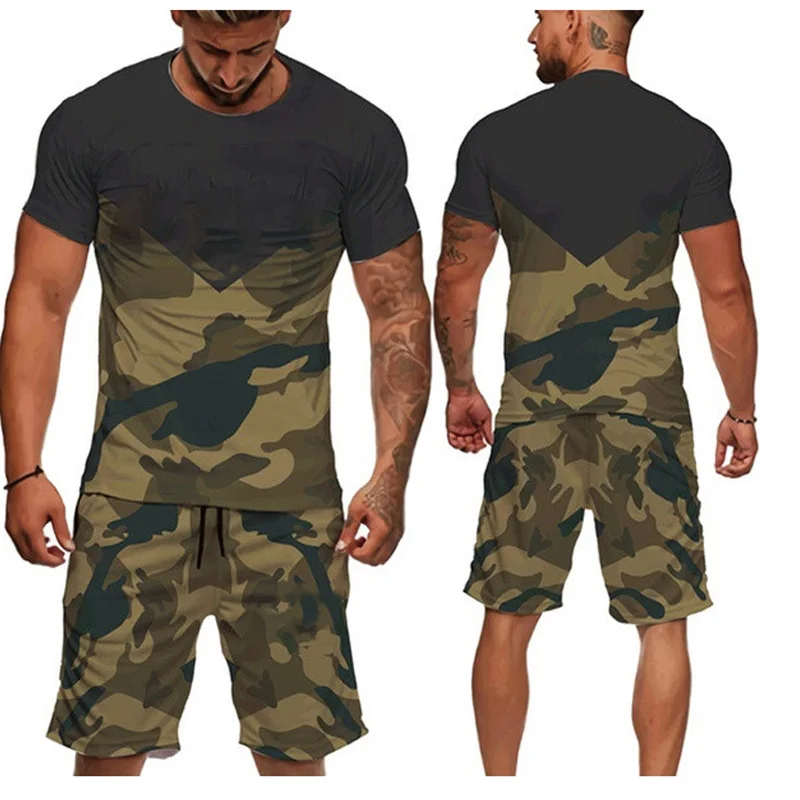

Men's Camouflage Short Sets Two Piece of Sets Sport T-Shirts Fitness Shorts Suit Plus Size Summer Beach Casual
