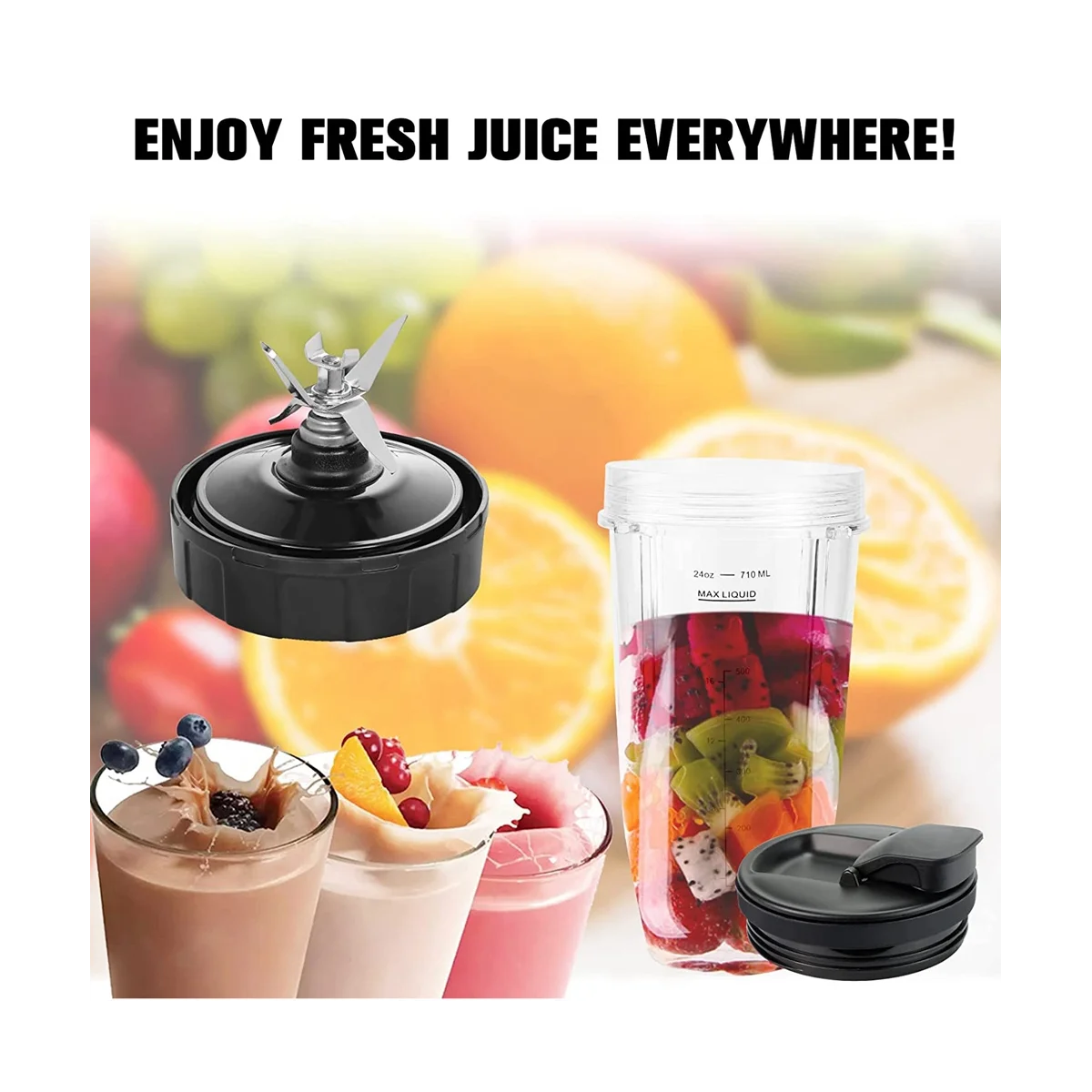 Replacement Blender Cups for Ninja BN801-24 Oz Bullet Cups with 7 Fins Blades Parts Fit Nutri Ninja BL480 BL482 BL642