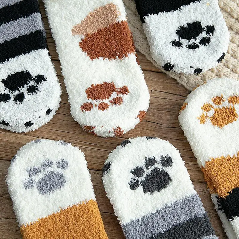 

Autumn Winter Coral Velvet Socks Cute Cat Claw Stockings For Children Girls Middle Tube Thickened Sleep Socks Home Floor Stock