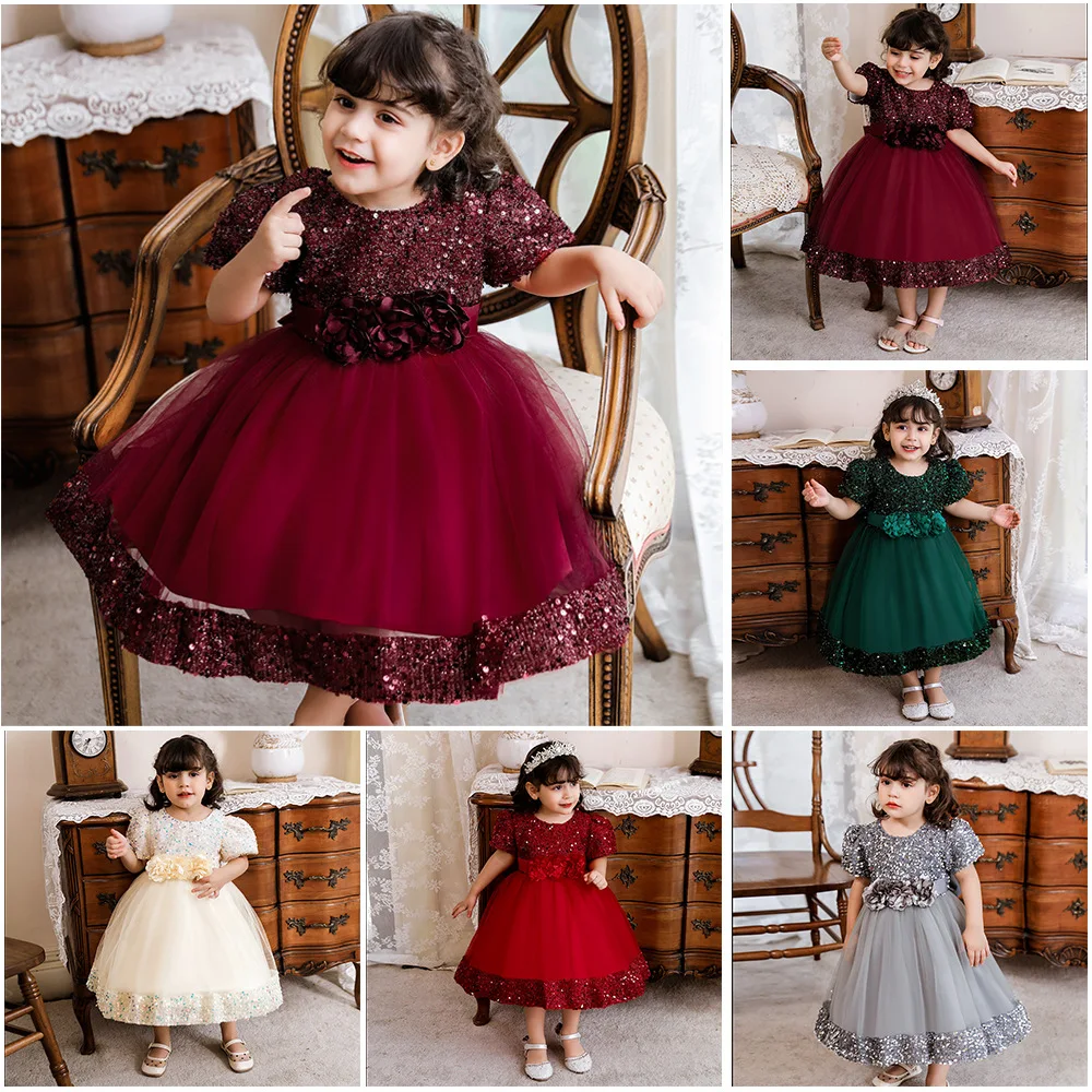 

Rocwickline New Summer and Autumn Girl's Party Dress Lace Sequined Gauze Floral Bow Ball Gown Elegant Celebrities Vintage Dress