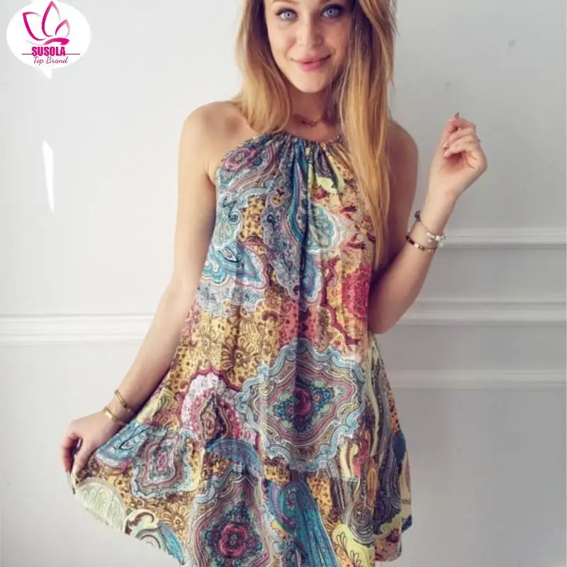 Платье женское сексуальное с принтом без рукавов лямкой на шее мини-платье