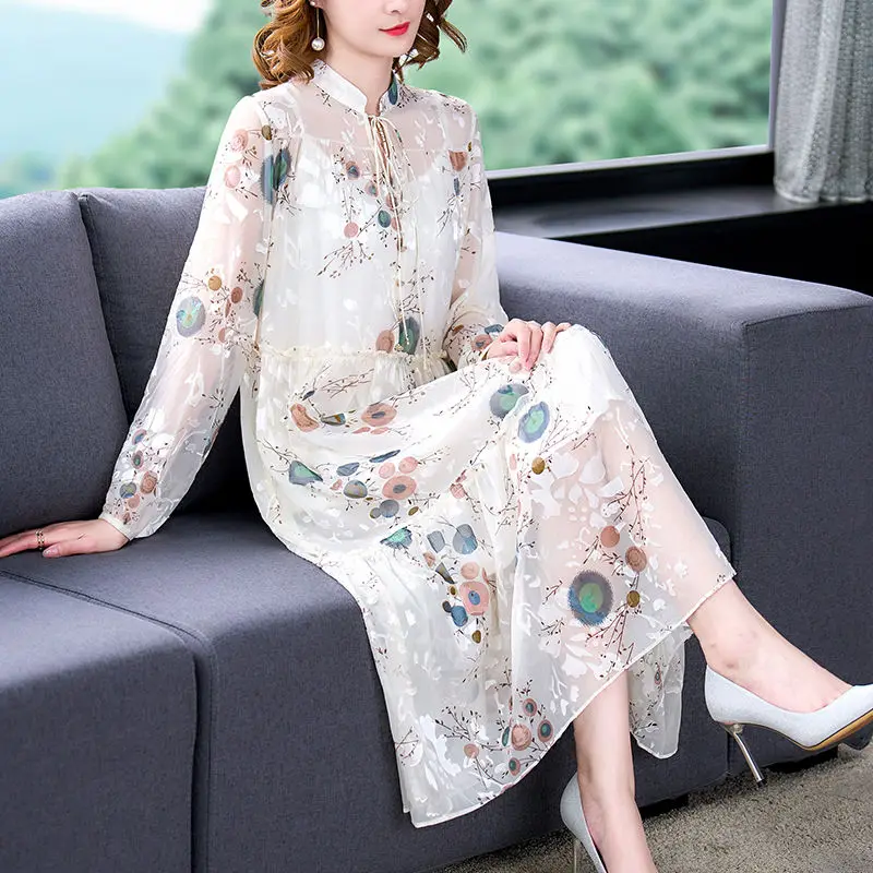 

2022 Spring Chic Mesh Patchwork Dress Autumn Fashion New Women's Stand Collar A-Line Dress Flower Loose Party Femme Robe K153