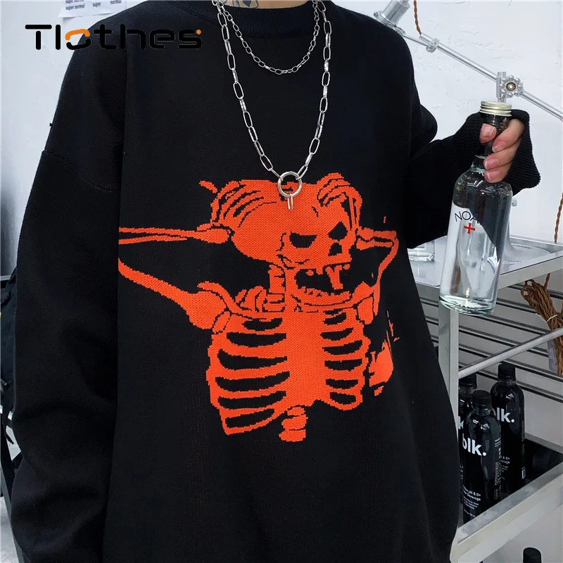 

Модный свитер с черепами, женский джемпер, свободная вязаная одежда в готическом стиле с графическим рисунком, пуловер в стиле оверсайз Y2k д...