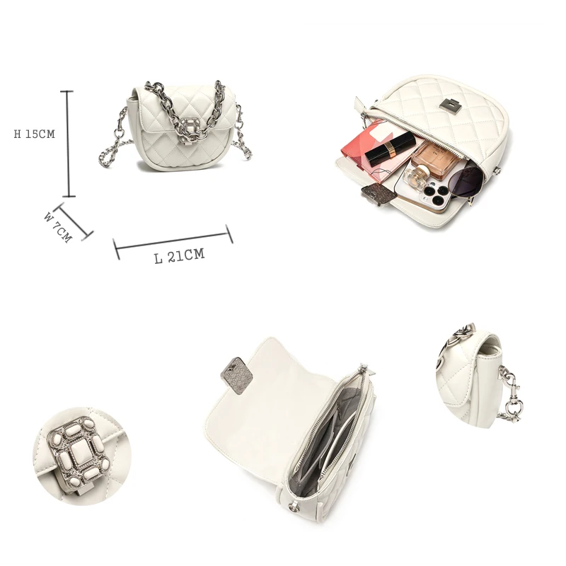 Fashion Genuine Leather Half Round Saddle Bag 2022 Trend New in Diamond Chain Small Bag Shoulder Crossbody Women's Bag Handbag