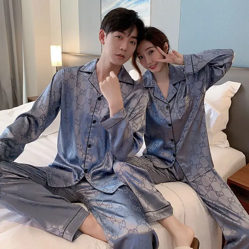 Couples' pajamas Women's spring and autumn style ice silk long-sleeved high beauty plus fat size silk homewear suit